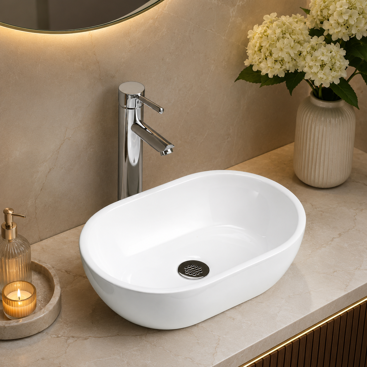 VanityBathroom Ravello Oval White Countertop Basin – Modern Ceramic Bathroom Sink for Vanity Units