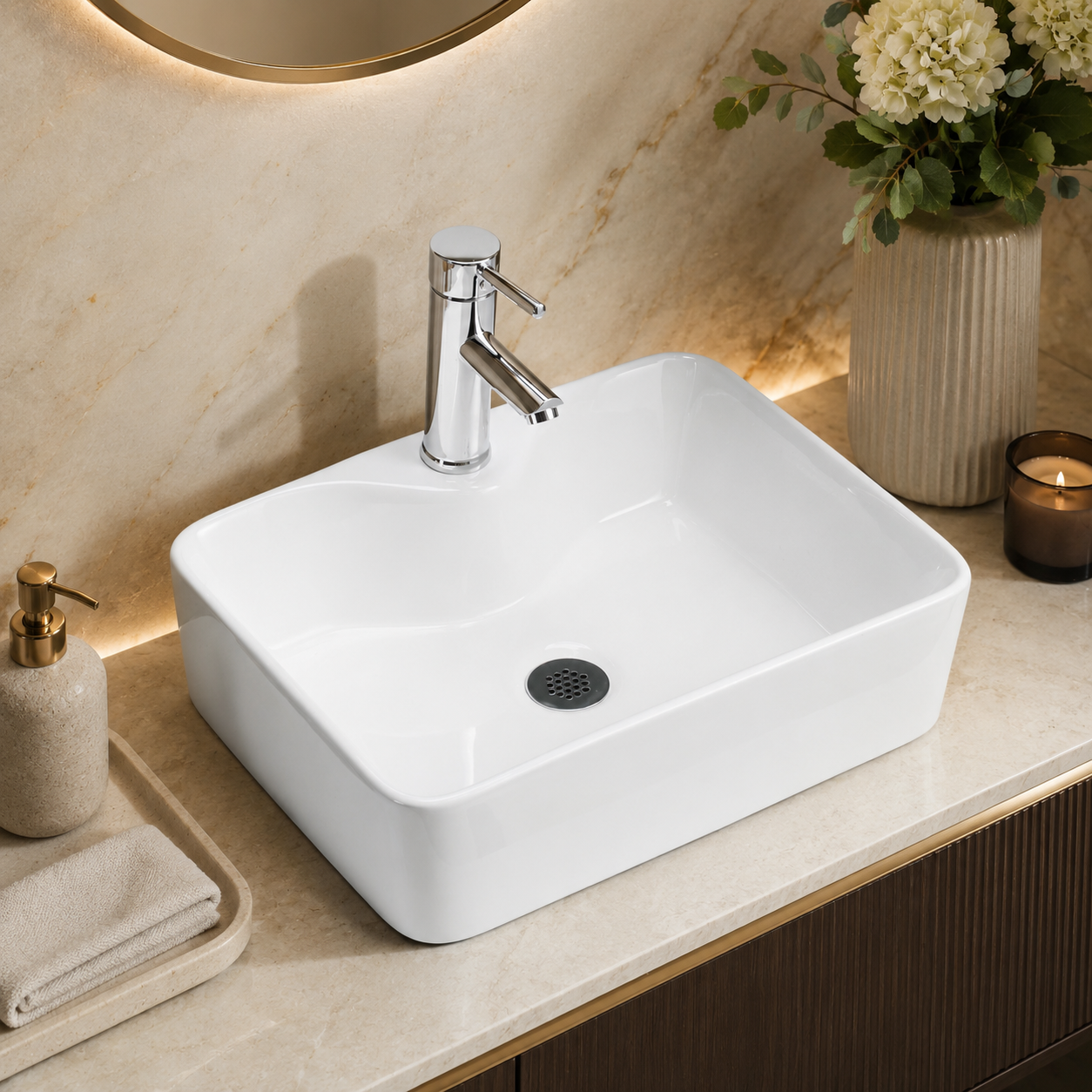 VanityBathroom Roselle Rectangle White Countertop Basin – Modern Ceramic Bathroom Sink for Vanity Units