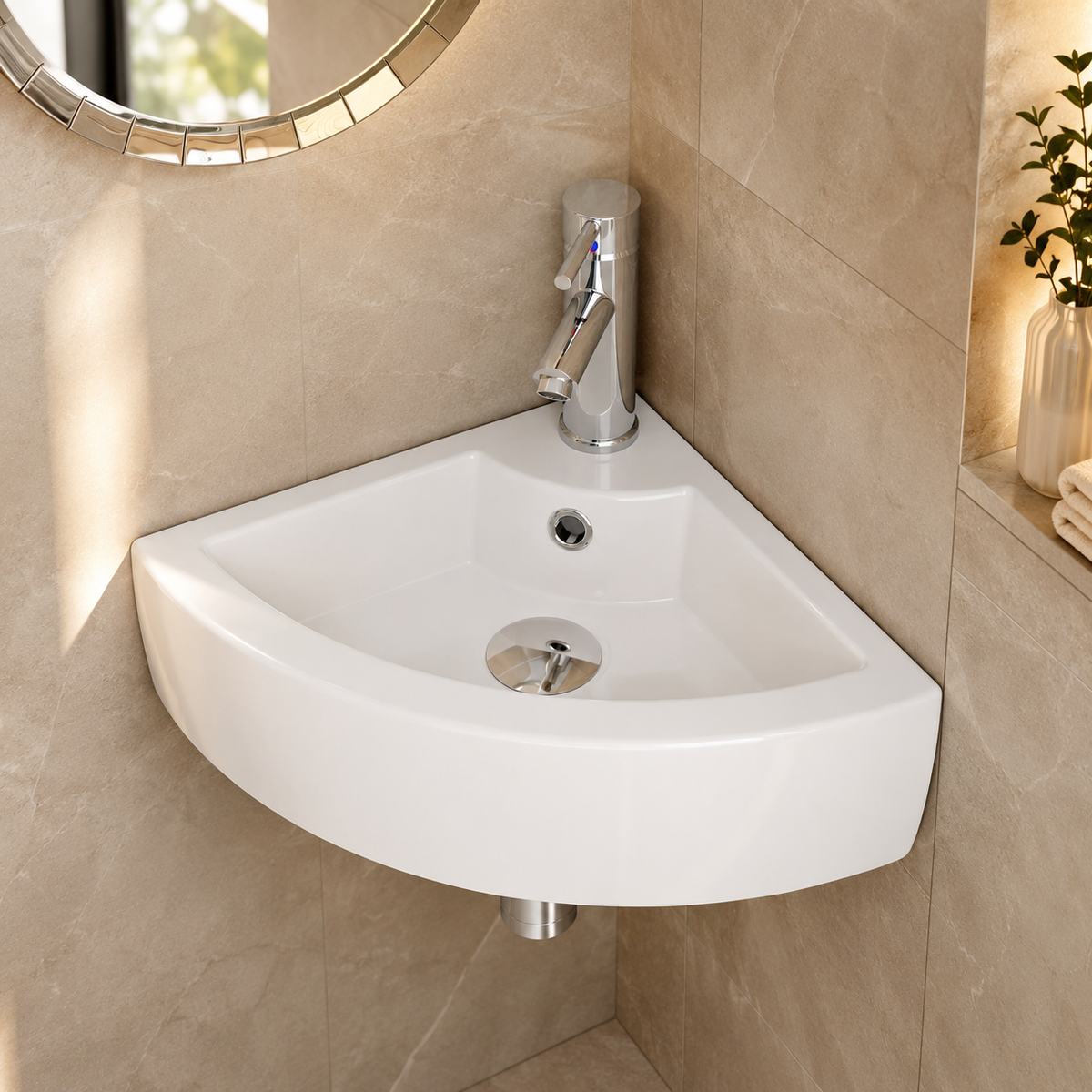VanityBathroom Fevello Corner White Wall-Mounted Basin – Modern Ceramic Bathroom Sink