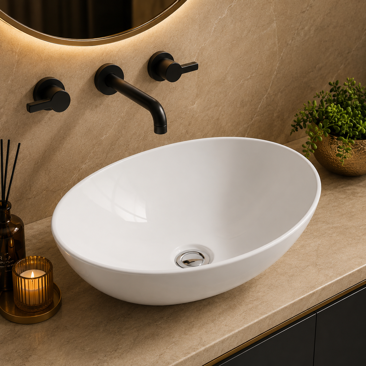 VanityBathroom Tivaro Oval White Countertop Basin – Modern Ceramic Bathroom Sink for Vanity Units
