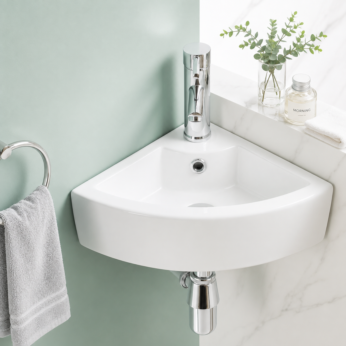 VanityBathroom Fevello Corner White Wall-Mounted Basin – Modern Ceramic Bathroom Sink